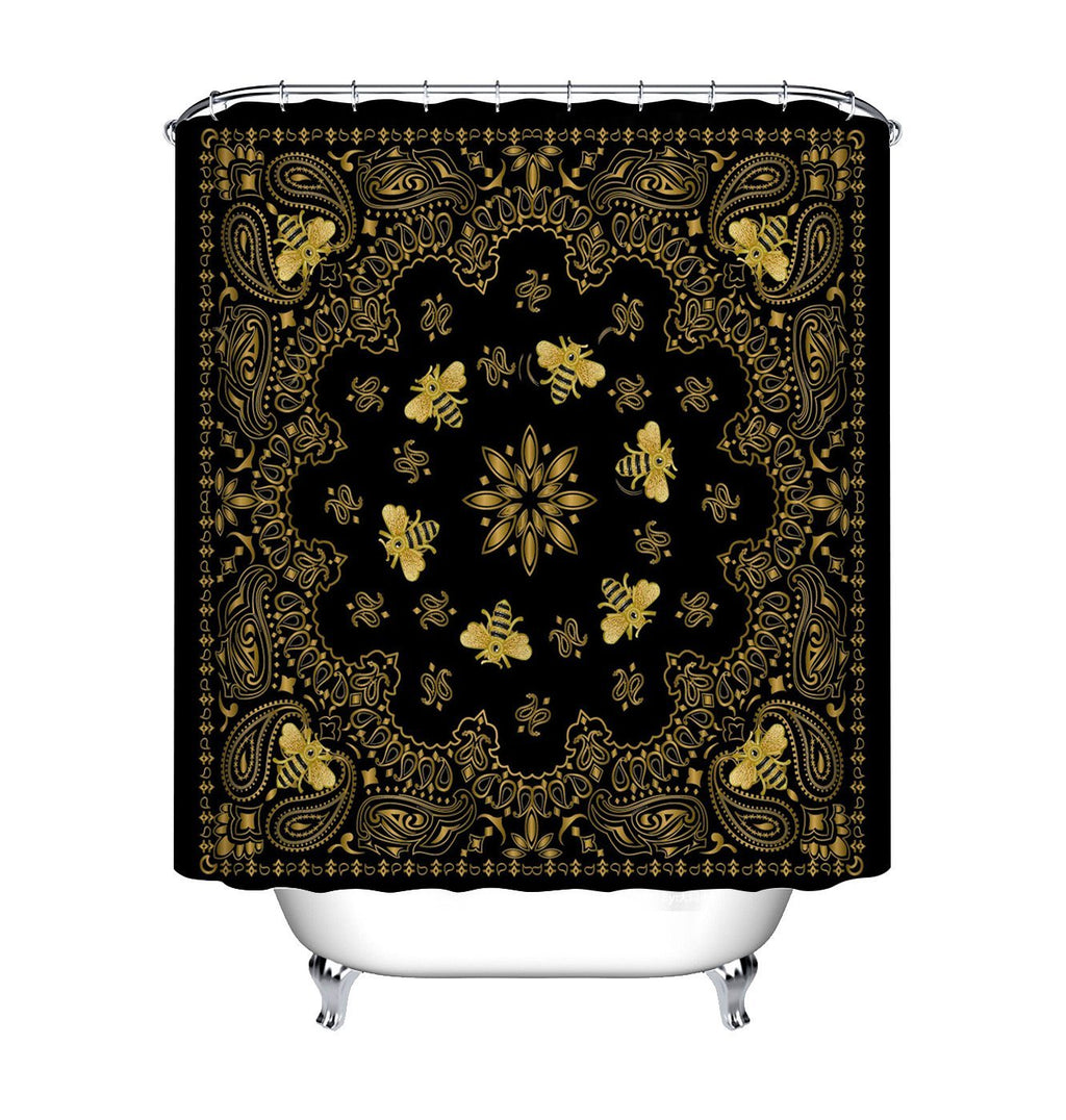 LB Gold Paisley Pattern Mandala Shower Curtain Retro Baroque Bees Pattern Ethnic Shower Curtain Set with Hooks Waterproof Fabric 72x72 Inch with Hooks 72Wx72L - NewNest Australia