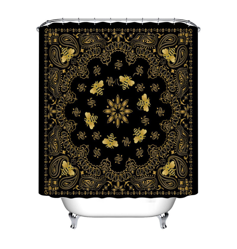 LB Gold Paisley Pattern Mandala Shower Curtain Retro Baroque Bees Pattern Ethnic Shower Curtain Set with Hooks Waterproof Fabric 72x72 Inch with Hooks 72Wx72L - NewNest Australia