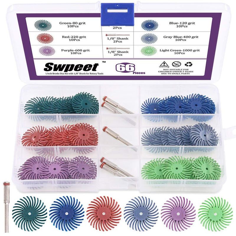 Swpeet 66Pcs 1 Inch 6 Mixed Grit 80/120/220/400/600/1000 Radial Bristle Disc Abrasive Brush Gap Polishing Pad Buffing Wheel Assortment Kit with 1/8" Shank for Rotary Tools Cleaning Finishing Deburring - NewNest Australia