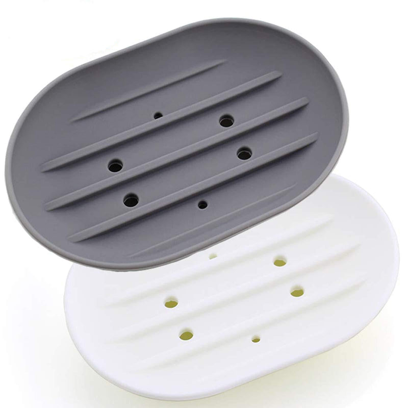 Bathroom Soap Dishes Dish Holder Stand Saver Tray Case for Shower-Silicone Rubber Drainer Dishes for Bar Soap Sponge Scrubber Bathroom Kitchen Sink-Dishwasher Safe-Drains Water,Extends Soap Life,Gray 2 Pack; White+gray - NewNest Australia