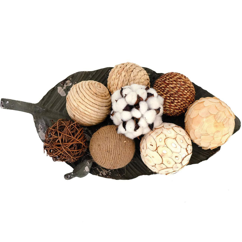 NewNest Australia - idyllic Decorative Balls for Bowls Natural Wicker 3 Inches Rattan Woven Twig Orbs, String and Cotton Balls Spherical Vase Fillers for Centerpieces - Bag of 8 Brown and White 