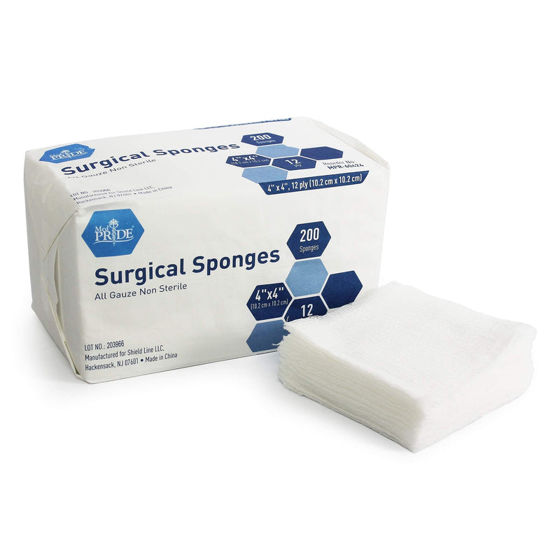 Medpride Gauze Surgical Sponge | 4”x 4”| 12-ply Extra Absorbent Sponges| Value Pack of 200| All-Gauze, Non-Sterile| Great for Wound Dressing, Prepping, Scrubbing & Cleaning| Essential First-Aid - NewNest Australia