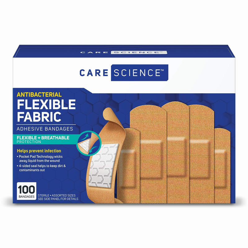 Care Science Antibacterial Fabric Adhesive Bandages, 100 ct Assorted Sizes | Flexible + Breathable Protection Helps Prevent Infection for First Aid and Wound Care 100 Count (Pack of 1) - NewNest Australia