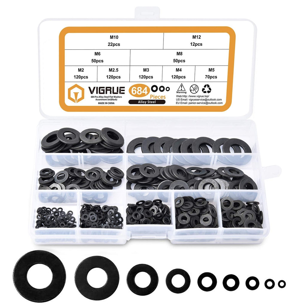 VIGRUE Assorted Flat Washers Set 684 Pieces -9 Sizes M2 M2.5 M3 M4 M5 M6 M8 M10 M12 Black Zinc Plated Alloy Steel Washers Hardware Assortment - NewNest Australia