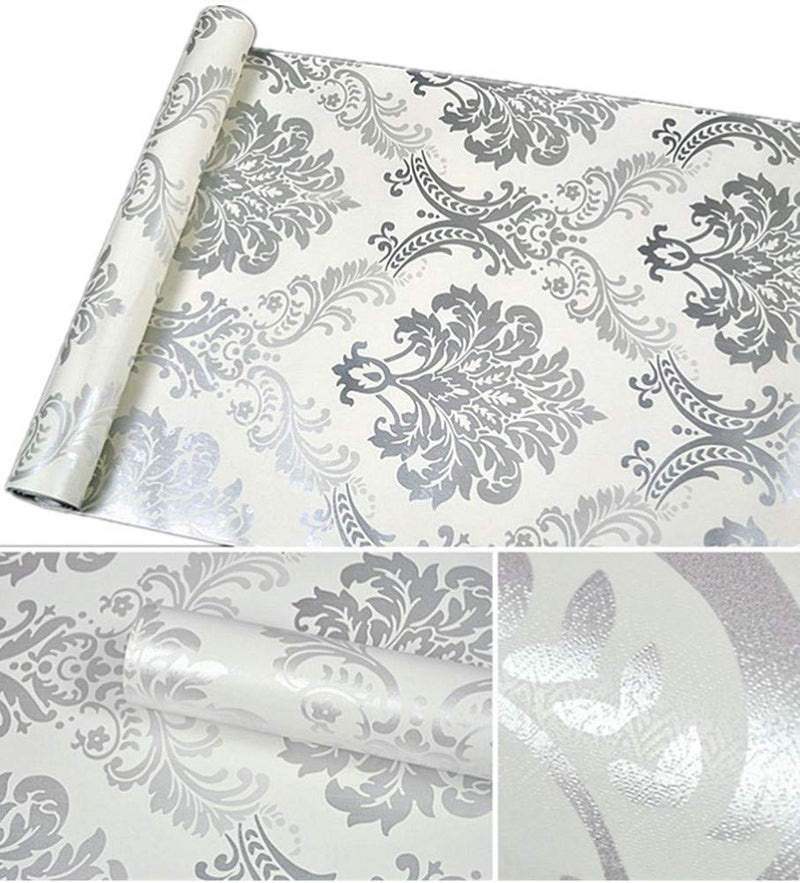 Amao Grey Damask Peel and Stick Wallpaper Self Adhesive Vinyl Shelf Liner for Cabinets Sheves Livingroom Wall Decal 17.7inch by 79inch - NewNest Australia