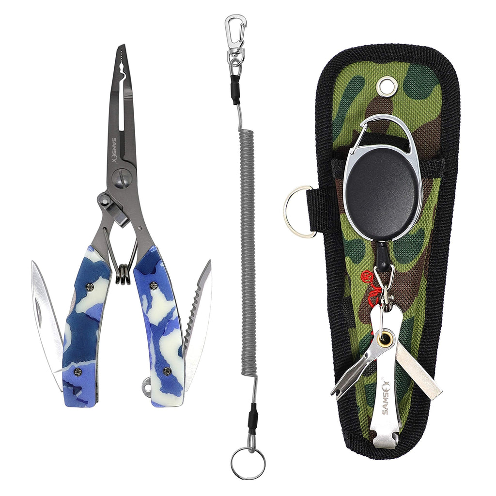 SAMSFX Locking Fishing Pliers Saltwater Resistant Teflon Coated Briad Line Cutters with Wire Coiled Lanyard, Sheath & Quick Knot Tool Combo Blue Camouflage - NewNest Australia