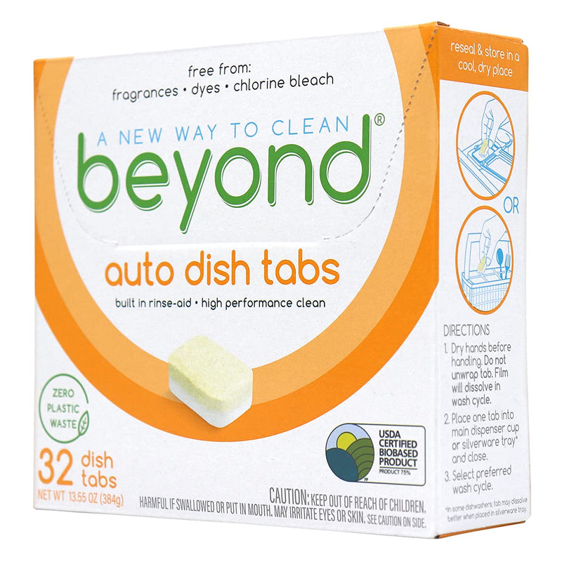 Beyond Natural Dishwasher Tablets - Fragrance & Dye Free - ZERO PLASTIC WASTE - Certified Biobased (1 Box of 32) - NewNest Australia