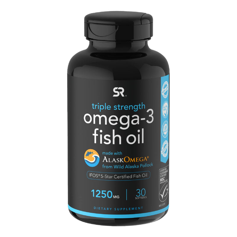 Sports Research Triple Strength Omega 3 Fish Oil Supplement - EPA & DHA Fatty Acids from Wild Alaskan Pollock - Heart, Brain & Immune Support for Adults, Men & Women - 1250 mg Capsules (30 ct) 30 Count (Pack of 1) - NewNest Australia