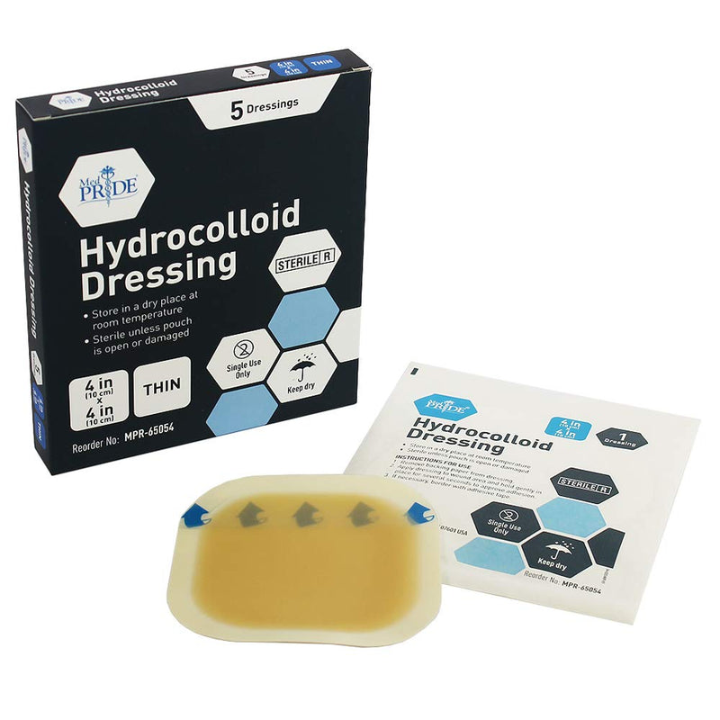 Med PRIDE Hydrocolloid Wound Dressing Pads| 5-Pack, 4inch by 4inch Sterile Adhesive Patches| Individually Packed, Highly Absorbent, Water-Resistant & Comfortable| Stays On for Multiple Days 4'' x 4'' Thin - NewNest Australia
