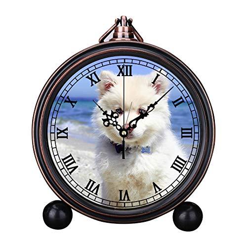 NewNest Australia - European Retro Alarm Clock Round Silent Quartz Watch Simple Headboard Digital Alarm Clock Portrait of Dog Standing on Beach 