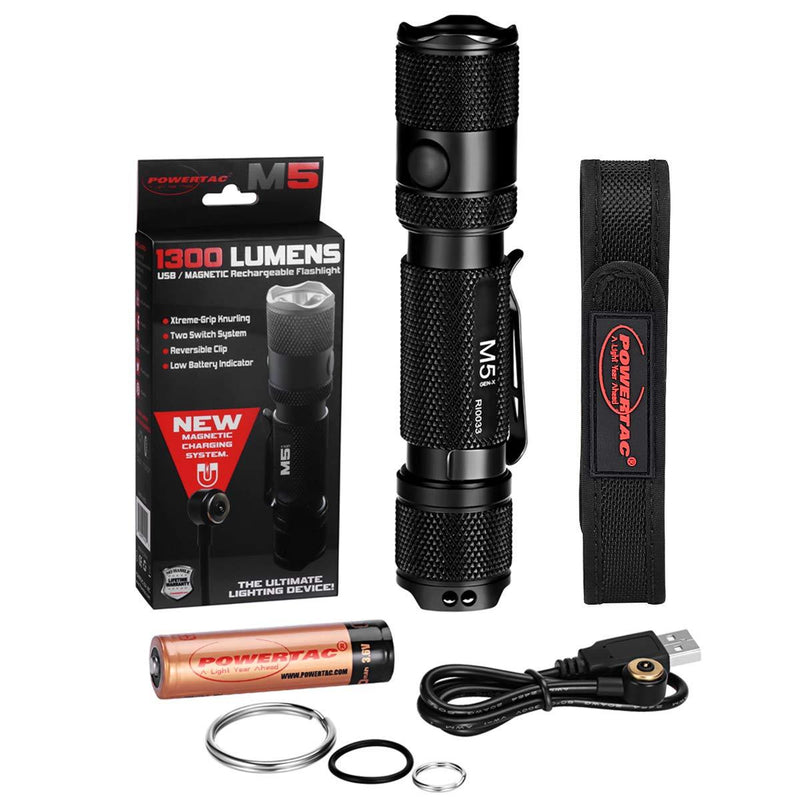 PowerTac M5 Tactical Flashlight, 1300 Lumens LED Flashlight, CREE XM-L2 U3 Flashlights High Lumens, Rechargeable Flashlight with USB Magnetic Charging Cable & 18650 Battery (Holster included) - NewNest Australia