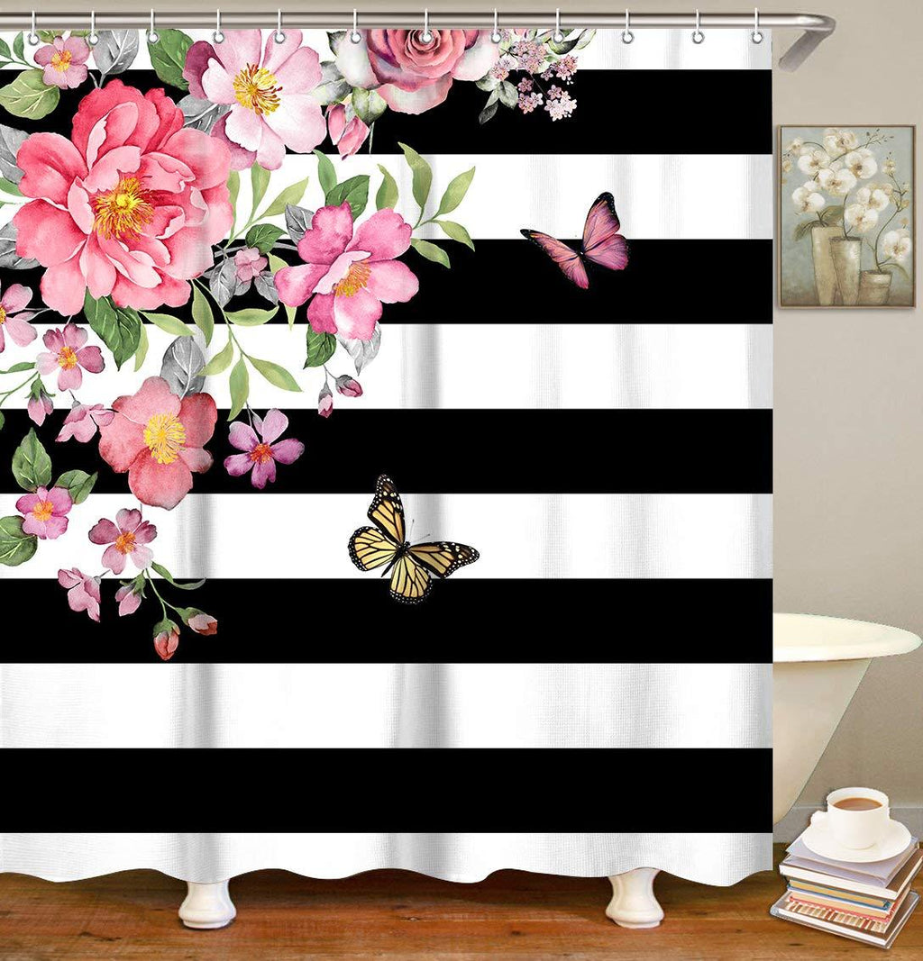 LIVILAN Pink Floral Shower Curtain,Black and White Stripes Fabric Bathroom Curtain Set with Hooks,Rose with Butterfly and Leaves Pattern Machine Washable 72x72 Inches 72" x 72" - NewNest Australia