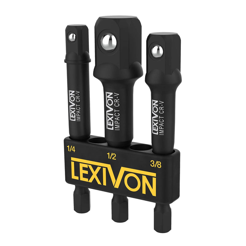 LEXIVON Impact Grade Socket Adapter Set, 3" Extension Bit With Holder | 3-Piece 1/4", 3/8", and 1/2" Drive, Adapt Your Power Drill To High Torque Impact Wrench (LX-101) - NewNest Australia
