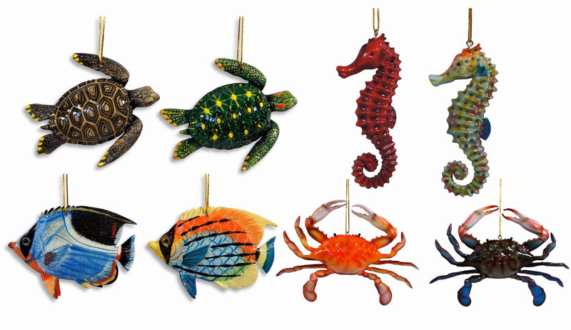 NewNest Australia - lxx 4" Hand Painted Ocean Creature Ornament Crab, Sea Turtle, Seahorse, Tropical Fish (Set of 8) 41L8 