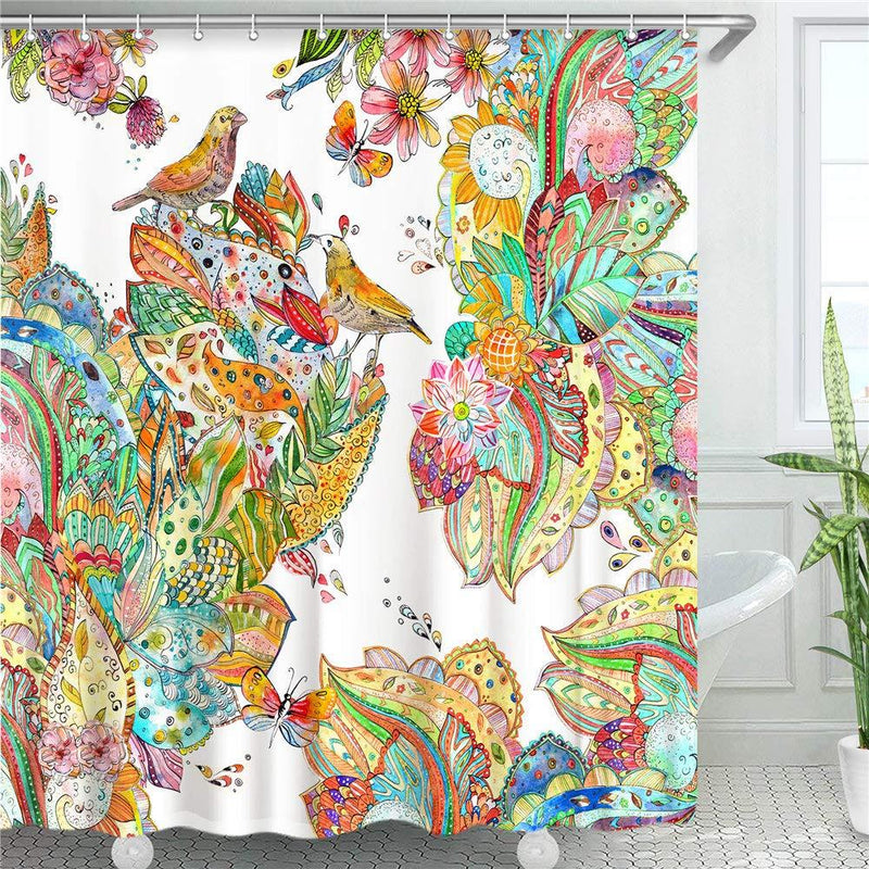 LIVILAN Colorful Flower Birds Shower Curtains Set with 12 Hooks, Durable Fabric Bath Curtain Home Decoration Bathroom Accessories, 72" x 72" 72'' x 72'' - NewNest Australia