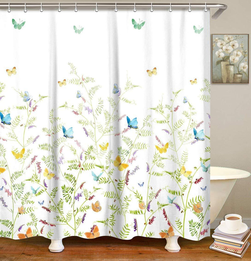 LIVILAN Floral Butterfly Shower Curtain Set with 12 Hooks, Decorative Shower Curtain Modern Bathroom Accessories, Machine Washable, Colorful Flowers and Green Leaves Pattern, 72" X 72" - NewNest Australia