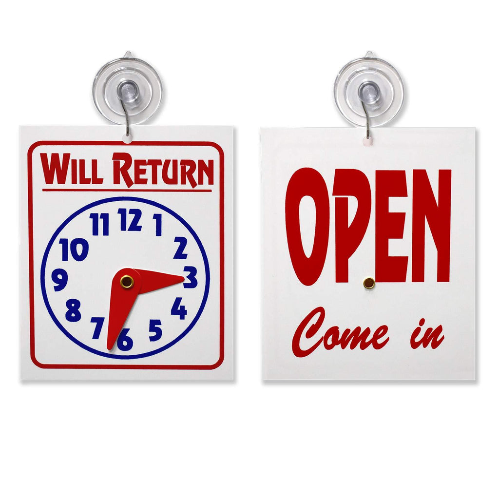 NewNest Australia - Double Sided"Will Return" Clock and"Open Come in" Sign with Adjustable Clock Hands & Suction Cup, 1 Unit 