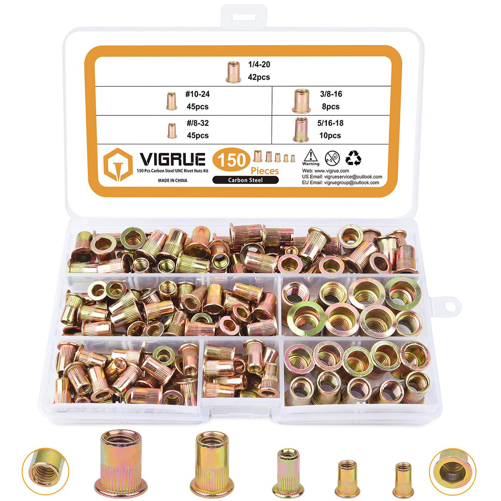 VIGRUE 150pcs #8-32#10-24 1/4"-20 5/16"-18 3/8"-16 Carbon Steel UNC Rivet Nuts Assortment Kit, Yellow Zinc Plated Finish, Flat Head Threaded Insert Nut Assort - NewNest Australia