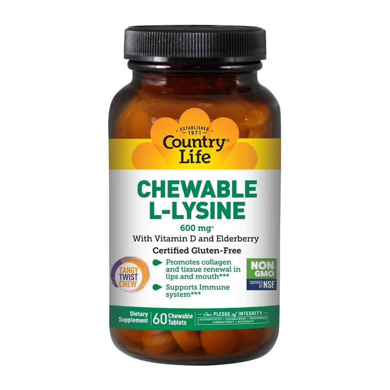 Country Life Chewable L-Lysine 600mg - 60 Chewable Tabs - Supports Immune Health - Supports Natural Collagen Production - Vitamin D - Elderberry - Great Taste - NewNest Australia