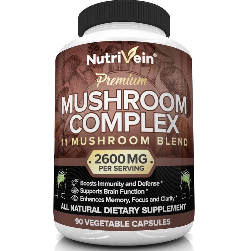 Nutrivein Mushroom Supplement - 2600mg - 90 Capsules - 11 Organic Mushrooms - Lions Mane, Cordyceps, Chaga, Reishi, Turkey Tail, Maitake, Shiitake, Agaricus, White Button, Oyster - Nootropic Complex - NewNest Australia