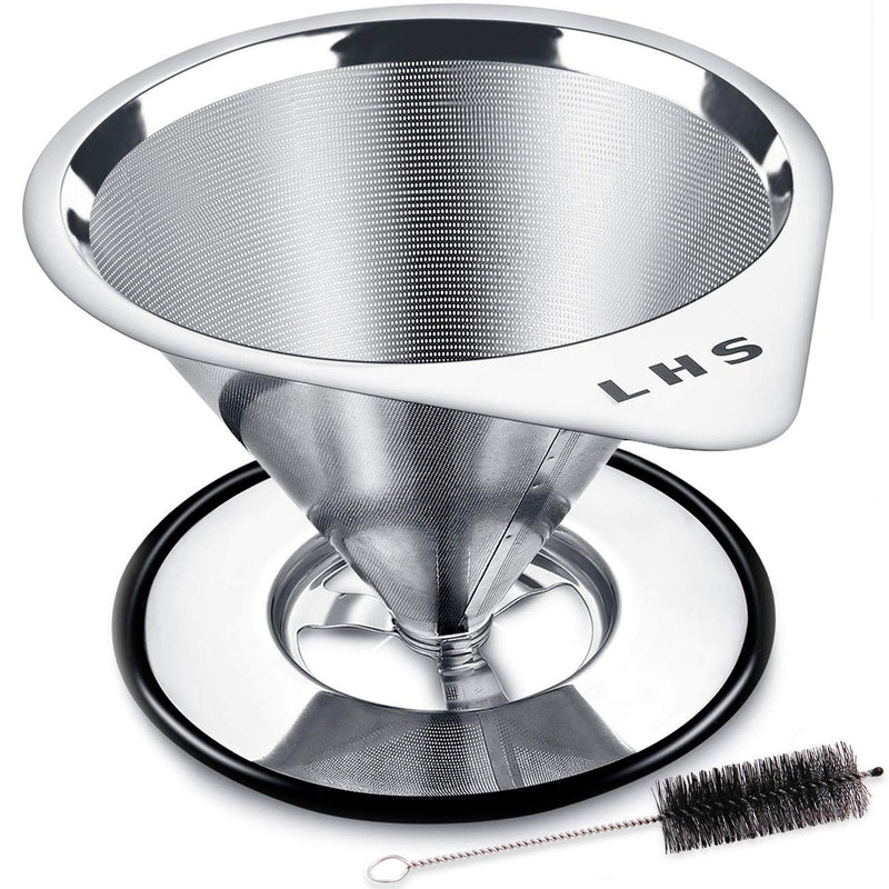 Pour Over Coffee Dripper Stainless Steel LHS Slow Drip Coffee Filter Metal Cone Paperless Reusable Single Cup Coffee Maker 1-2 Cup With Non-slip Cup Stand and Cleaning Brush 1-2 cups - NewNest Australia