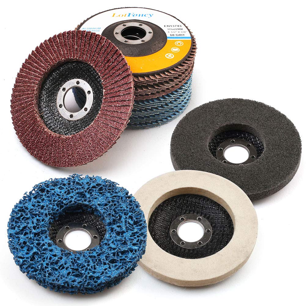 11PCS 4.5 Inch Flap Discs & Grinding Polishing Discs Set by LotFancy - 40 60 80 120 Grit Assorted Sanding Grinding Wheels, Strip Disc, Nylon Polishing Disc, Felt Polishing Disc Kit - NewNest Australia