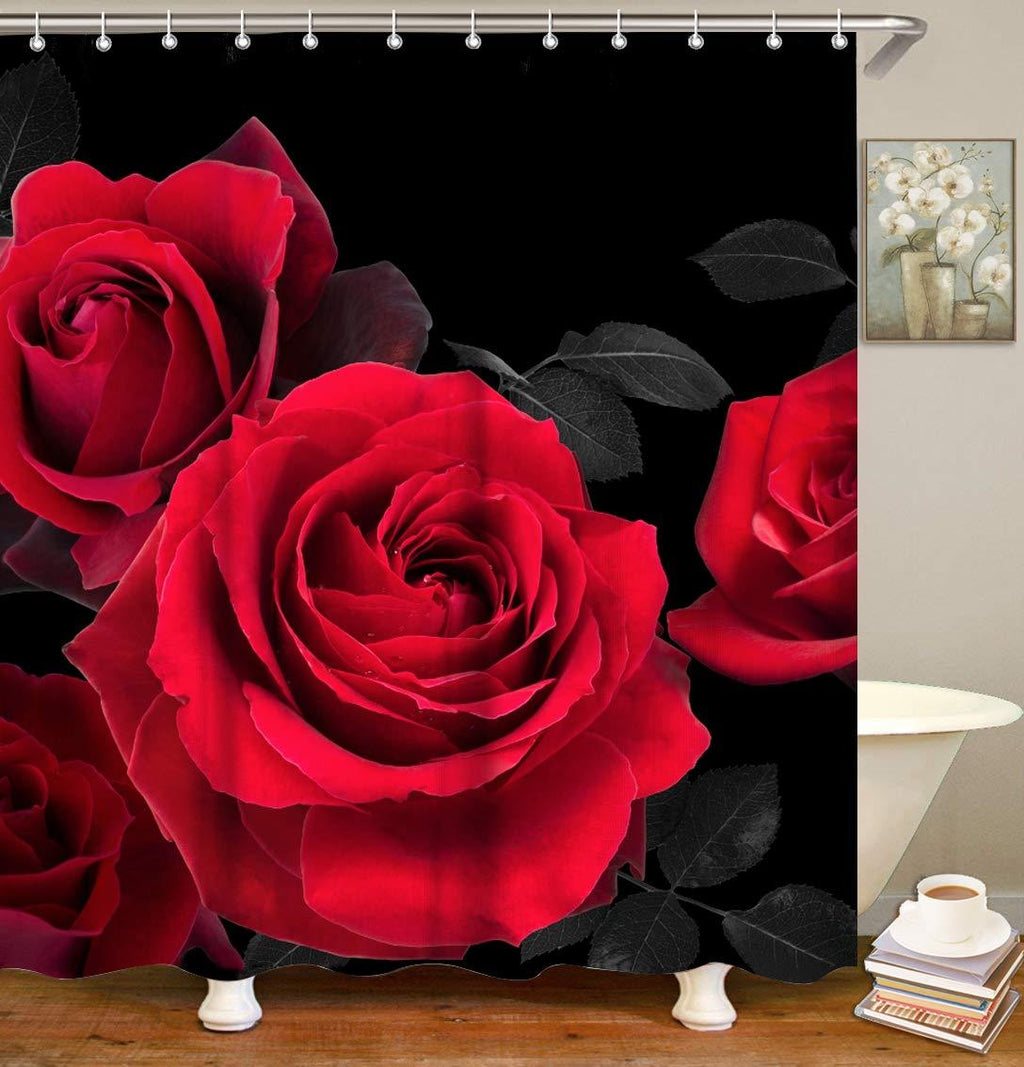 LIVILAN Rose Shower Curtain,Black and Red Bathroom Curtain Set with Hooks Romantic Floral Flower Decorative Pattern Machine Washable 72x72 Inches 72"x72" - NewNest Australia