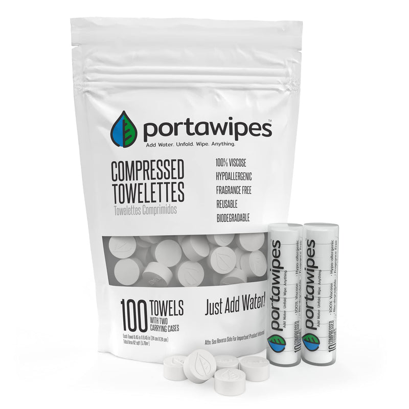 Portawipes Coin Tissues | Toilet Paper Tablets | Compressed Towels | Camping Wipes | Soft & Odor Free | 100 Pack with 2 Carrying Cases - NewNest Australia
