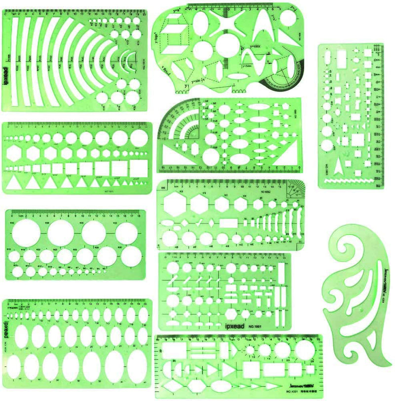 ipxead 11 Piece Geometric Drawing Template Measuring Ruler, Transparent Green Plastic Ruler with Portable Plastic Bag for, for Studying, Designing and Building - NewNest Australia