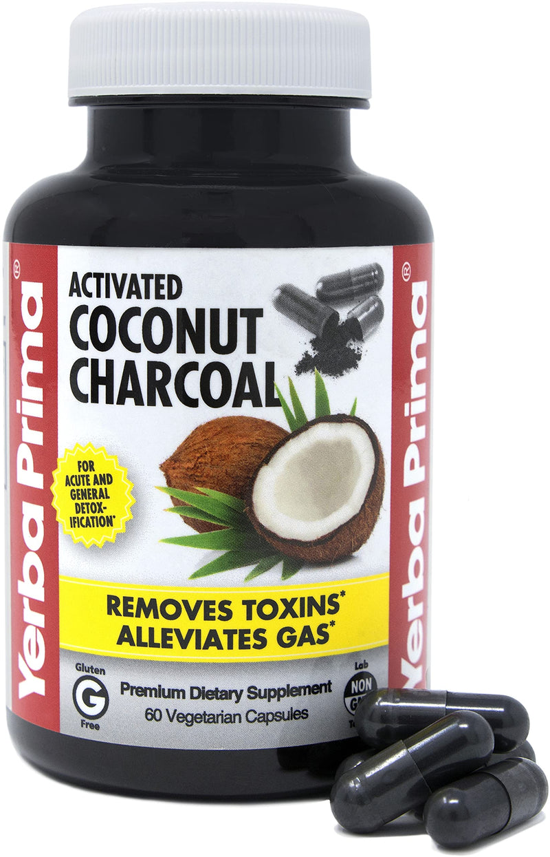 Yerba Prima Activated Coconut Charcoal, 60 Capsules - Natural Detox Cleanse - Vegetarian, Vegan, Gluten Free, Non GMO - NewNest Australia