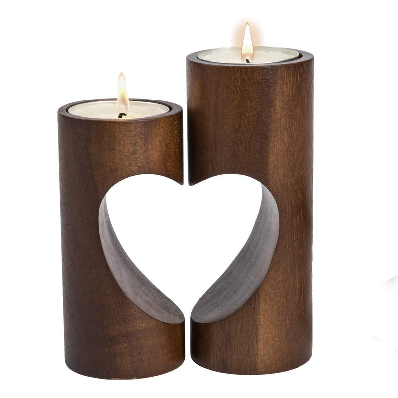 NewNest Australia - ChasBete Romantic Tea Light Candle Holders Decorative, Wood Tealight Candle Holder Set of 2 Unity Heart Pedestal for Home Décor Tealight Holder Dark 