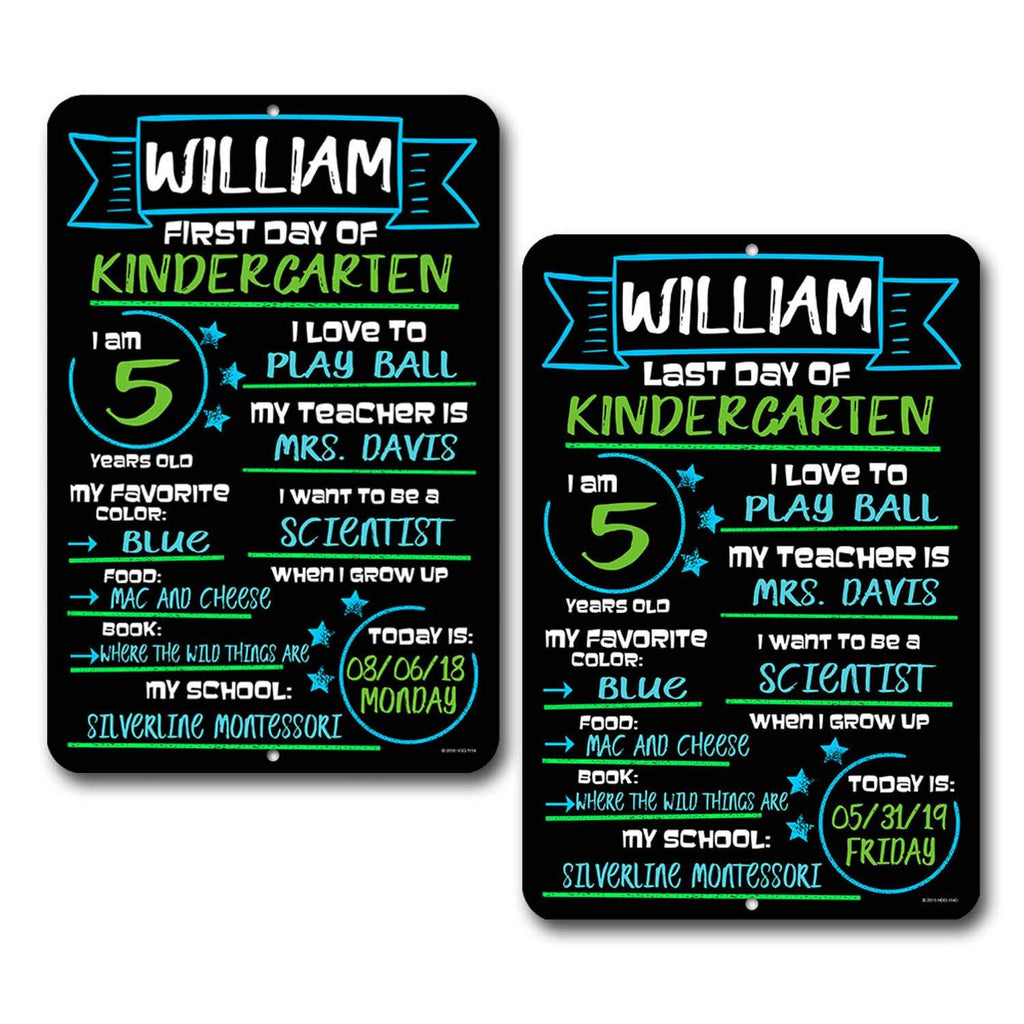 NewNest Australia - First and Last Day of School ( Set of 2 ) Blue and Green Chalkboard Style Photo Prop Tin Signs 12 x 18 inch - Reusable Easy Clean Back to School, Customizable with Liquid Chalk Markers (Not Included) 