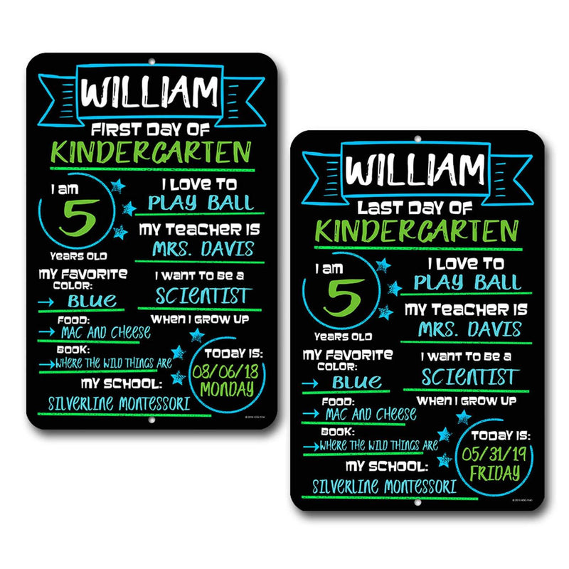 NewNest Australia - First and Last Day of School ( Set of 2 ) Blue and Green Chalkboard Style Photo Prop Tin Signs 12 x 18 inch - Reusable Easy Clean Back to School, Customizable with Liquid Chalk Markers (Not Included) 