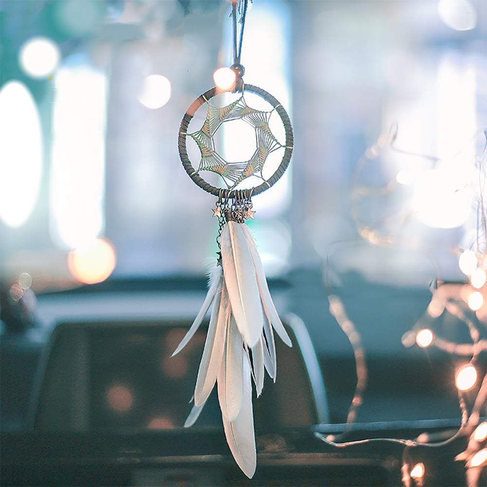 NewNest Australia - Alynsehom Dream Catcher Car Interior Rearview Mirror Hanging Decor Handmade Grids Nature Feather Small Boho Car Charms Pendant Accessories (Grey Feather) Blue and Grey 