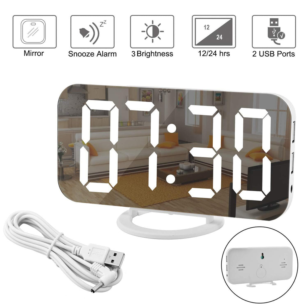 NewNest Australia - SZELAM Digital Clock Large Display, LED Electric Alarm Clocks Mirror Surface for Makeup with Diming Mode, 3 Levels Brightness, Dual USB Ports Modern Decoration for Home Bedroom Decor-White White 