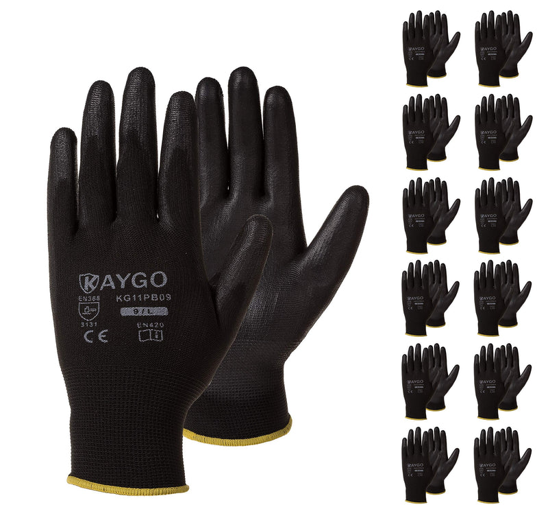 Safety Work Gloves PU Coated-12 Pairs,KAYGO KG11PB, Seamless Knit Glove with Polyurethane Coated Smooth Grip on Palm&Fingers, for Men and Women, Ideal for General Duty Work (Small, Black) Small - NewNest Australia