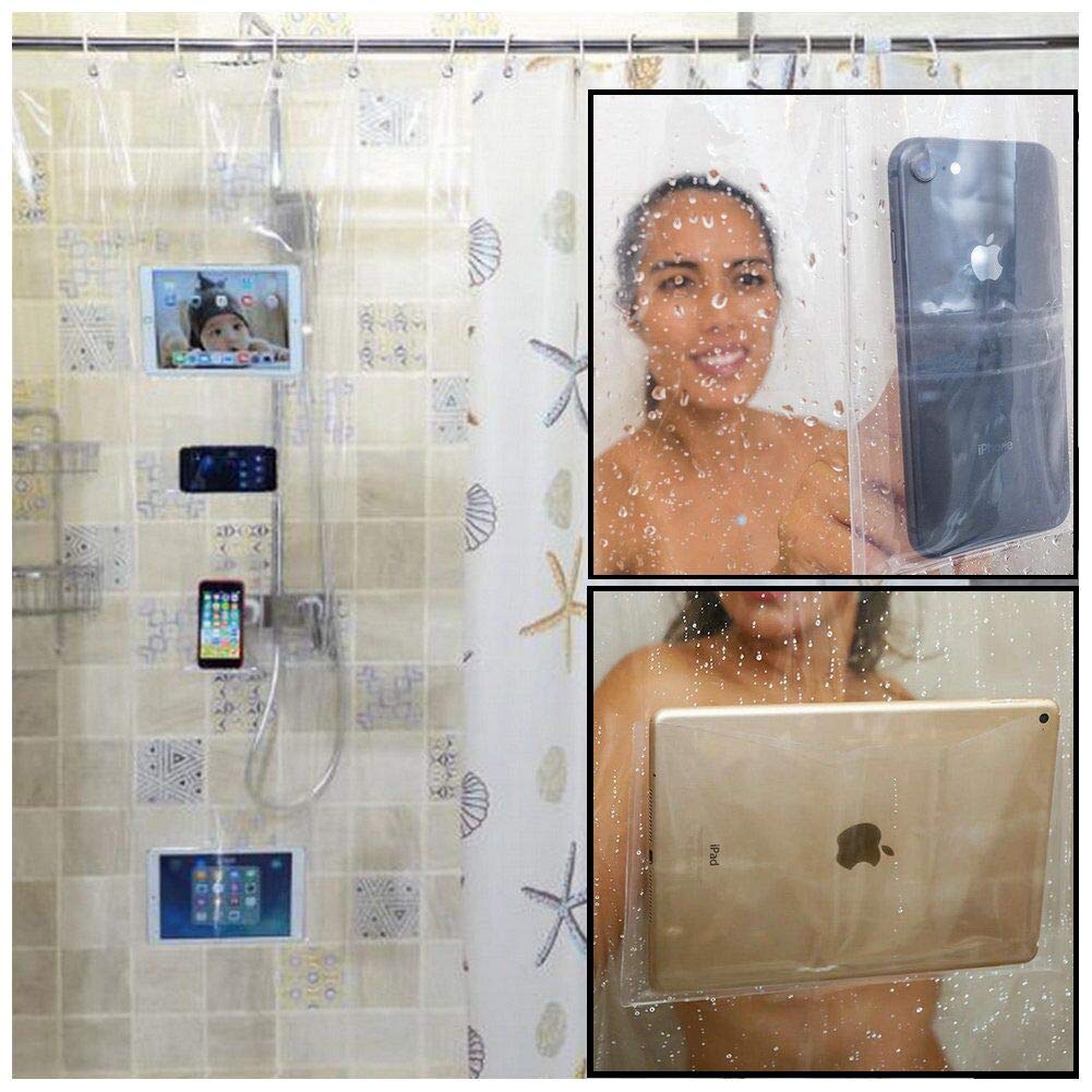 Fangkun iPad Mount Clear Shower Curtain Liner - 4 Touch-sensative Pockets - Waterproof Tablet or Phone Holder - EVA Material Bathroom Storage Bag 32 x 72 inches - NewNest Australia