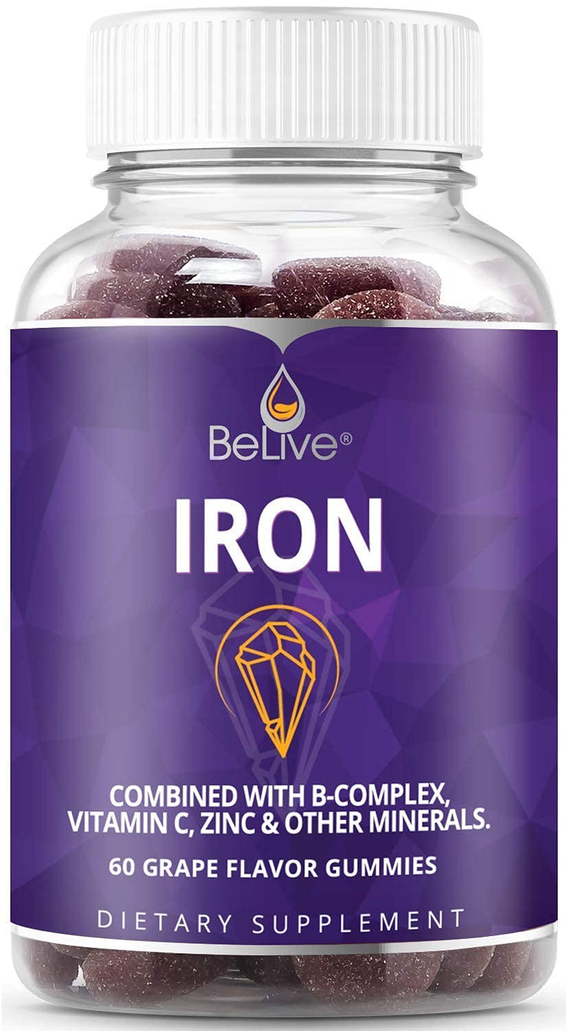 Iron Gummies Supplement with Vitamin C, A, Vitamins B Complex, Folate, Multivitamins for Women, Kids & Adults - Supports Energy, No After Taste, Vegan Supplements - Grape Flavor (60 Ct) 1 - NewNest Australia