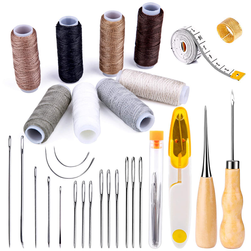 30 Pieces Leather Sewing Kit, Leather Sewing Upholstery Repair Kit with 8 Colors Sewing Thread, Leather Sewing Needles, Awl, Scissors, Thimble, and Tape Measure for Leather Sewing Repair Bookbinding - NewNest Australia