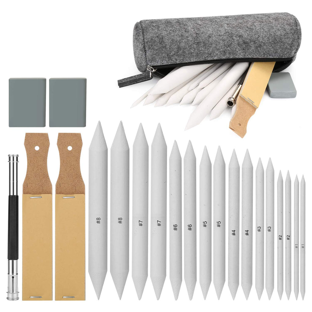 Sketch Drawing Tools, AGPTEK 16 Blending Stumps Set with 2 Sandpaper Pencil Sharpeners, 1 Pencil Extension Tool, 2 Erasers & 1 Felt Bag for Student Sketch Drawing Accessories - NewNest Australia