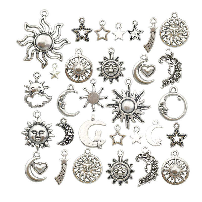 100g(80pcs) Craft Supplies Mixed Antique Silver Sun Moon Stars Charms Pendants for Crafting, Jewelry Findings Making Accessory for DIY Necklace Bracelet (M250) - NewNest Australia