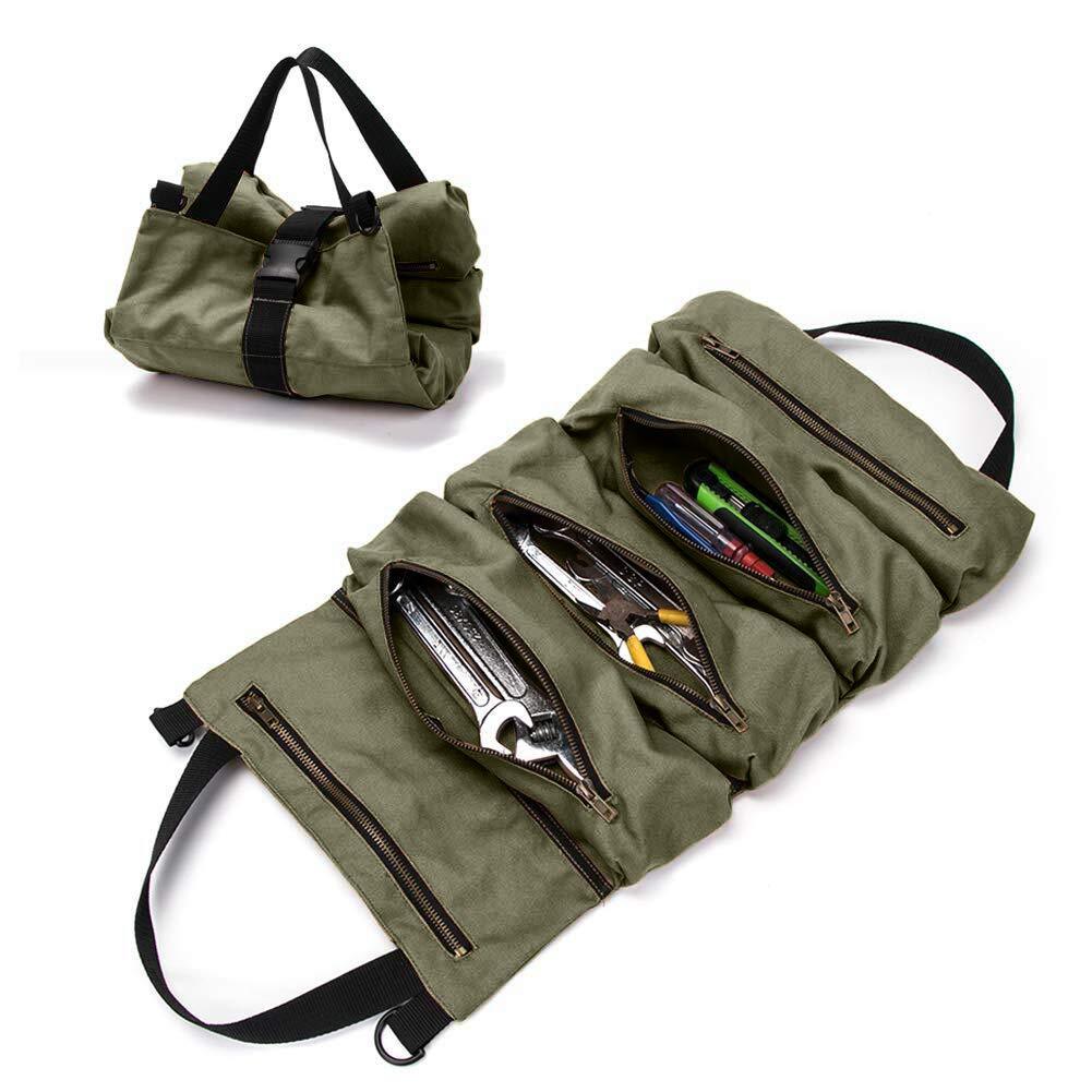 Super Tool Roll Up Bag, Heavy Duty Tool Bag Wrench Organizer with 5 Zipper Pockets, Canvas Pliers Organizer for Mechanics, Tool Pouch Sling Green - NewNest Australia