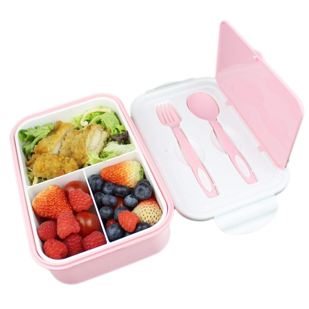 NewNest Australia - UPTRUST Bento Lunch container For Kids, Bento adult box With 3 Compartment. Leak-proof, Microwave safe, Dishwasher Safe, Freezer Safe,Meal Fruit Snack Packing Box(Spoon&Fork included,Pink-White) Pink-White 