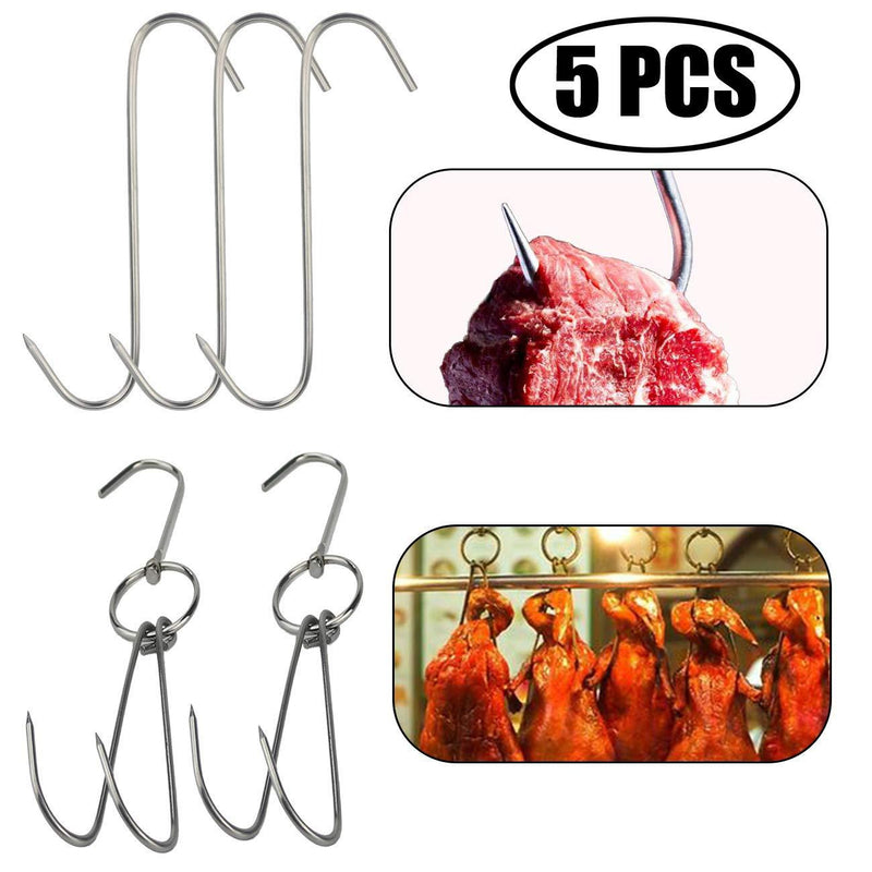 NewNest Australia - TIHOOD 2pcs Stainless Steel Duck Hooks + 3pcs S-Hooks for Bacon Hams Meat Processing Butcher Hook Hanging Drying BBQ Grill Cooking Smoker Hook Tool 