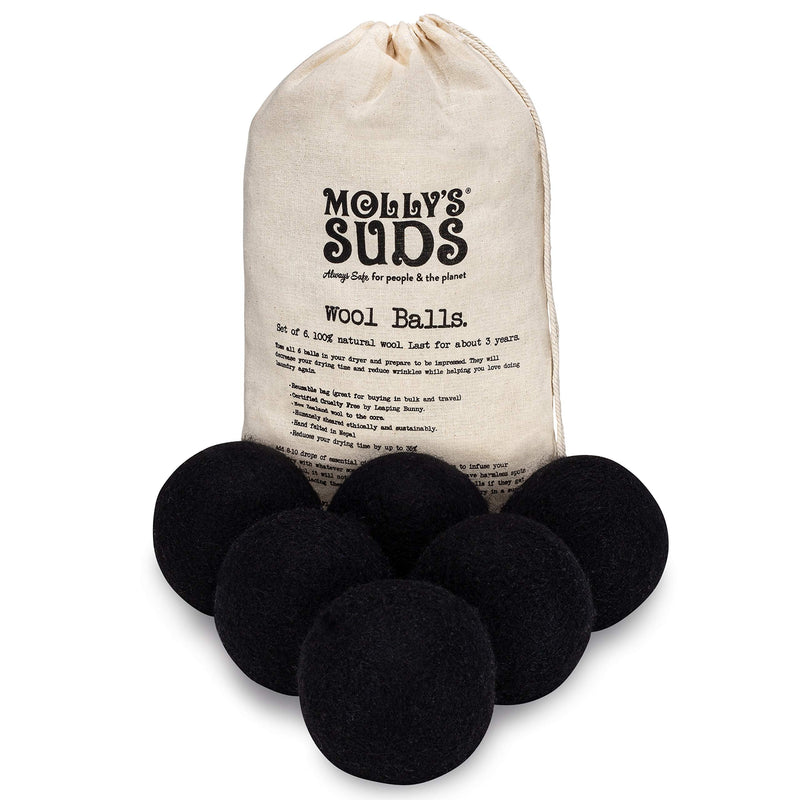 Molly's Suds Wool Dryer Balls | XL, Premium Organic Fabric Softener, Hypoallergenic, Hand-Felted, Reusable, Reduce Drying Time | Black, Set of 6 - NewNest Australia