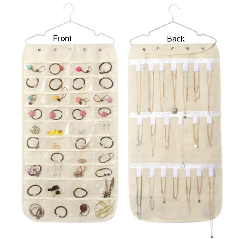 Yisireal Hanging Jewelry Organizer Holder Bag Double Sided 40 Pockets & 20 Magic Tape Hook Storage Bag Closet Storage Display Pouch for Earrings Necklace Bracelet Ring Cosmetic (Beige) Beige - NewNest Australia
