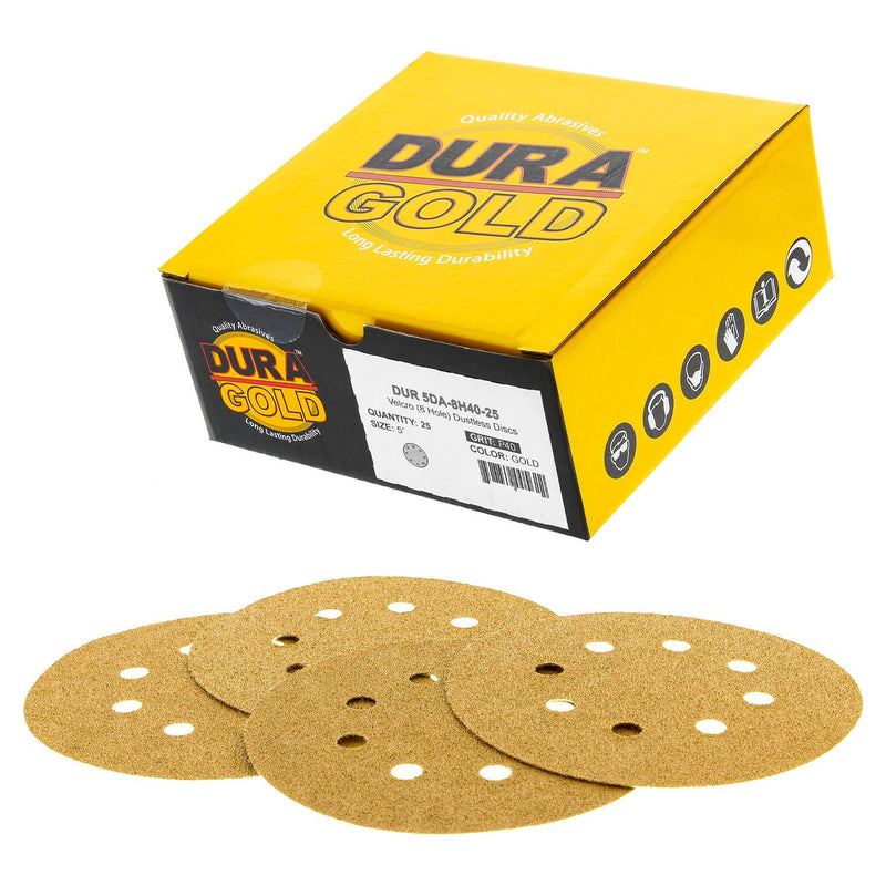 Dura-Gold Premium 5" Gold Sanding Discs - 40 Grit (Box of 25) - 8 Hole Pattern Dustless Hook & Loop Backing Sandpaper for DA Sanders, Aluminum Oxide Abrasive - Sand Automotive Paint, Woodworking Wood 40-Grit - NewNest Australia