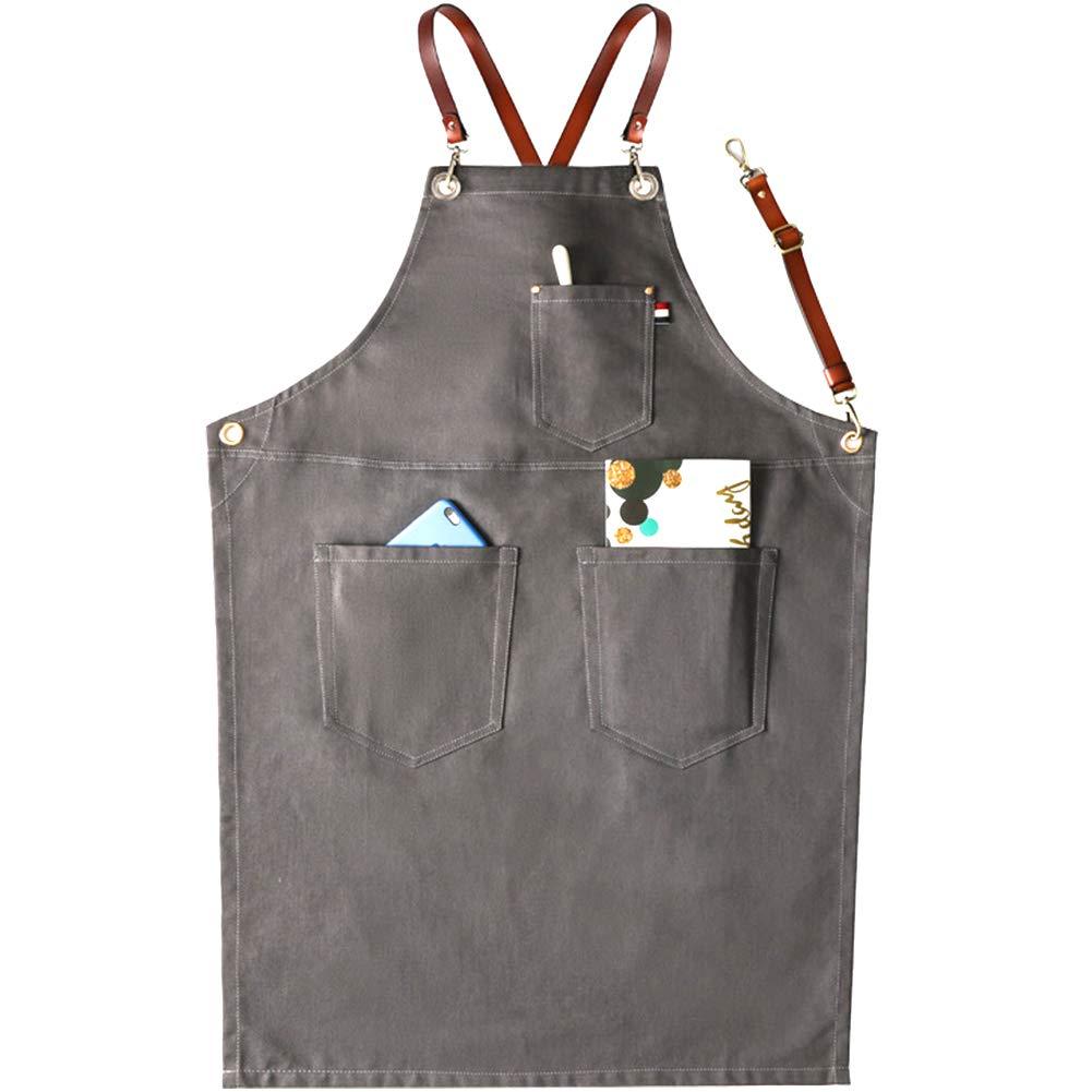 MOCOHANA Denim Work Gardening Apron with Tool Pockets Pottery Artist Apron Barista BBQ Barber Shop Apron - Adjustable Leather Neck & Waist Strap, Gifts for Men Women No Rings - NewNest Australia