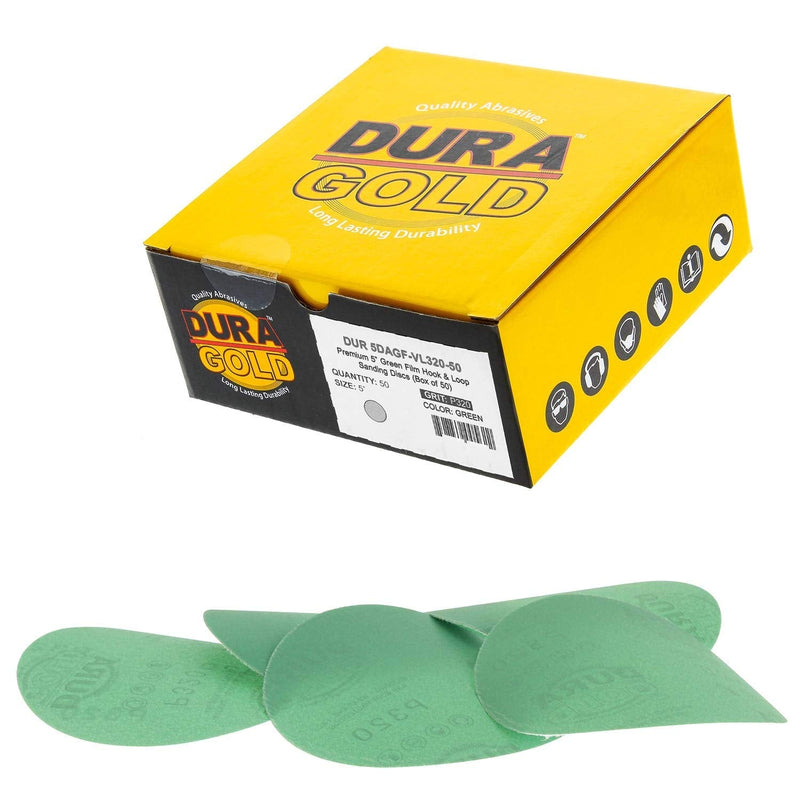 Dura-Gold Premium 5" Green Film Sanding Discs - 320 Grit (Box of 50) - Hook & Loop Backing Sandpaper Discs for DA Sanders, Finishing Medium Fine Cut Abrasive - Sand Automotive Paint, Woodworking Wood 320-Grit - NewNest Australia