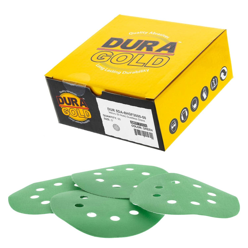 Dura-Gold Premium 3000 Grit 5" Green Film Sandpaper Discs, 8 Hole Pattern Dustless, 50 Discs - Hook & Loop Backing for Orbital DA Sander, Detailing Finishing Color Sanding Automotive Paint Woodworking 3000-Grit - Green Film - NewNest Australia